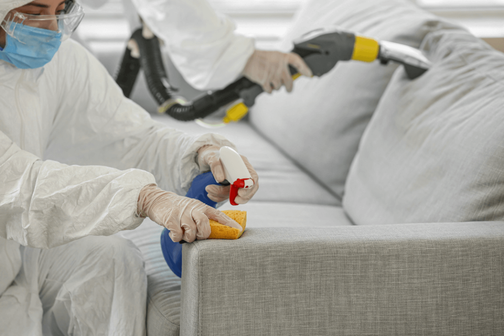Team of specialist cleaning wearing biohazard suits