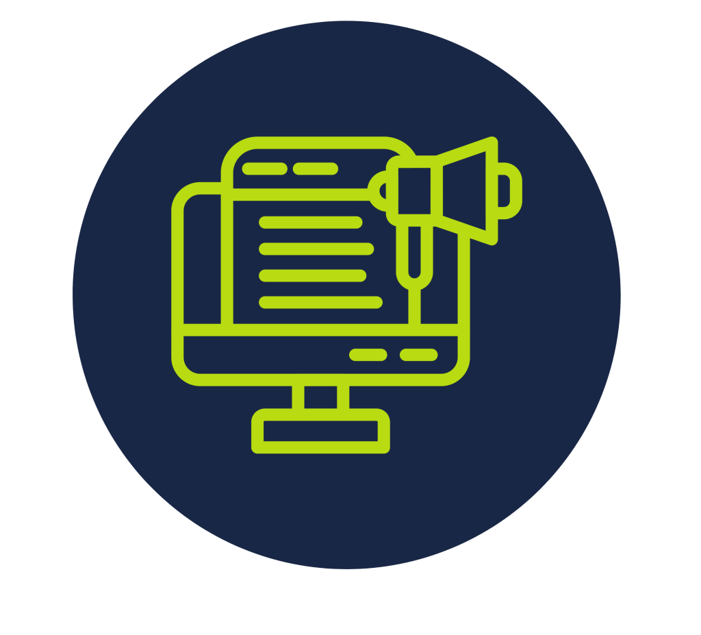 graphic with pc monitor and horn for Project-Based Marketing services