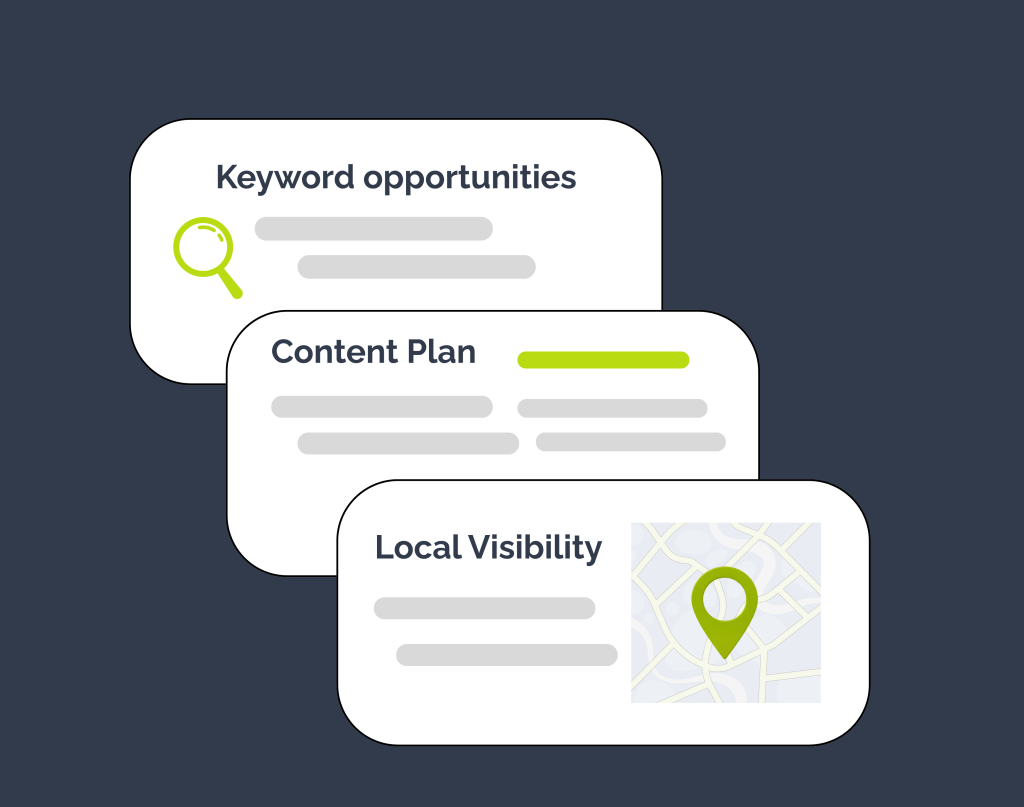 Illustration showing keyword opportunities, content planning, and local SEO visibility