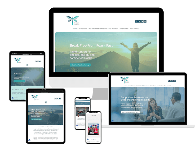 Marketing-led therapy website redesign showcasing the Freedom Evolution website across multiple pages.